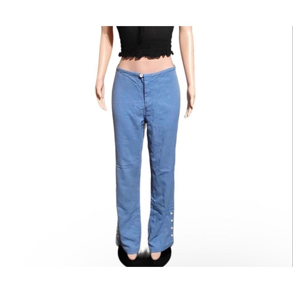 Women's high-waist blue elastic waist with buttons on hem pants M